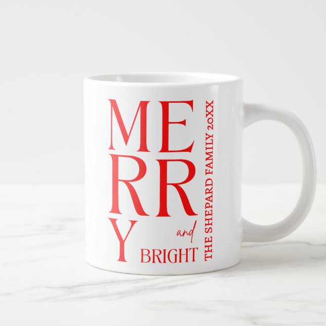 Taza De Café Gigante 2025 Modern Merry and Bright Red Pink Christmas (Derecha)