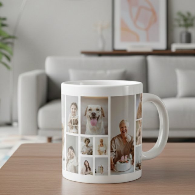 Taza De Café Gigante 21 Familia Collage de fotos personalizada (21 Photo Collage Family Personalized Giant Coffee Mug by Ricaso. add your own photographs, gift idea)
