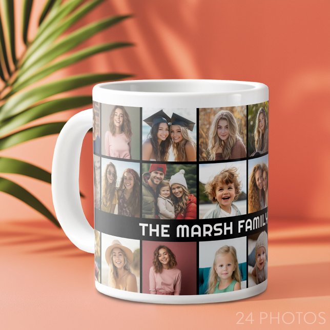 Taza De Café Gigante 24 Collage de fotos con apellido Fecha negro (Custom Photo Collage Mug)