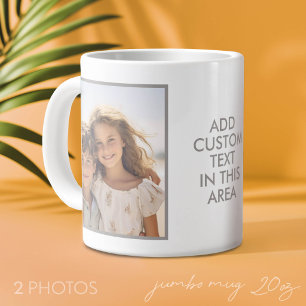 Taza De Café Gigante 2 Colaje de Fotos - Borde Gris Simple y Texto