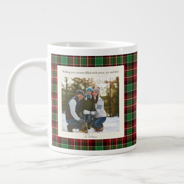 Taza De Café Gigante 2 Photo Green Red Plaid Rustic Monogram Christmas (Izquierda)