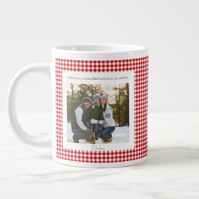 Taza De Café Gigante 2 Photo Red Plaid Rustic Monogram Trendy Christmas (Izquierda)