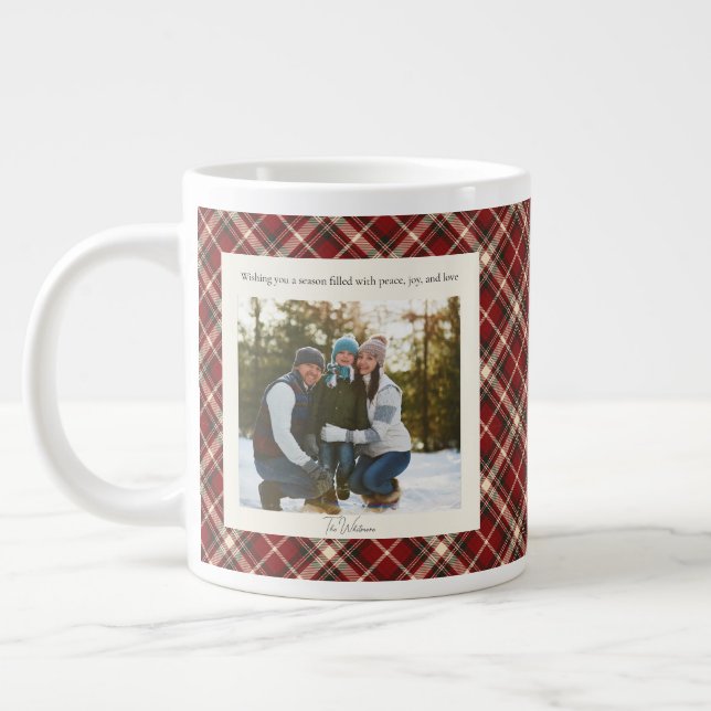 Taza De Café Gigante 2 Photo Red Plaid Rustic Monogram Trendy Christmas (Izquierda)
