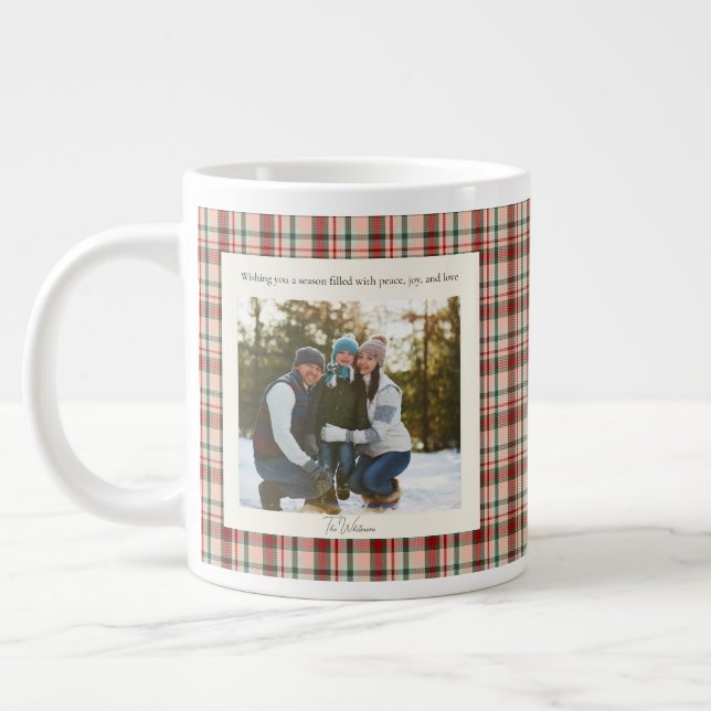 Taza De Café Gigante 2 Photo Rustic Green Red Plaid Monogram Christmas (Izquierda)
