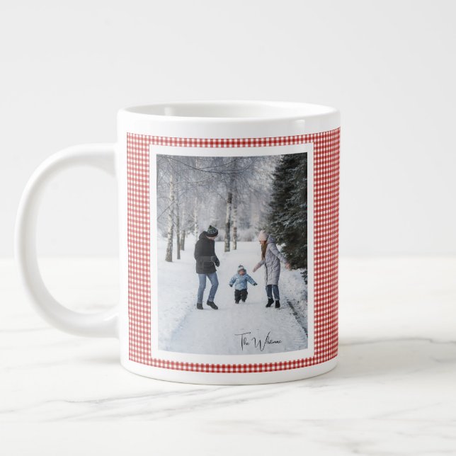Taza De Café Gigante 2 Photo Trendy Red Plaid Rustic Christmas Gift (Izquierda)