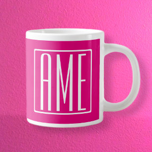 Taza De Café Gigante 3 iniciales Monograma Blanco Sobre Rosa Caliente