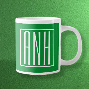 Taza De Café Gigante 3 iniciales Monograma Verde y Blanco