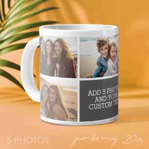 Taza De Café Gigante 5 Collage de Fotos con Texto - Gris Blanco Minimal
