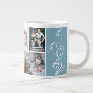 Taza De Café Gigante 6 Collage de Fotos Foliaje Azul Navidad Familia
