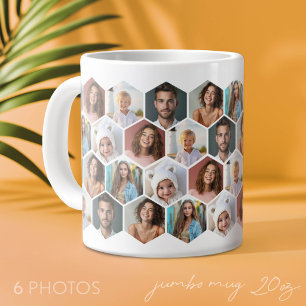 Taza De Café Gigante 6 Collage de fotos - patrón funky de panal - blanc