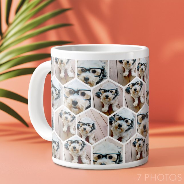 Taza De Café Gigante 7 Collage de fotos - patrón hexágono funky (7 Photo Personalized Mug - funky honeycomb pattern)