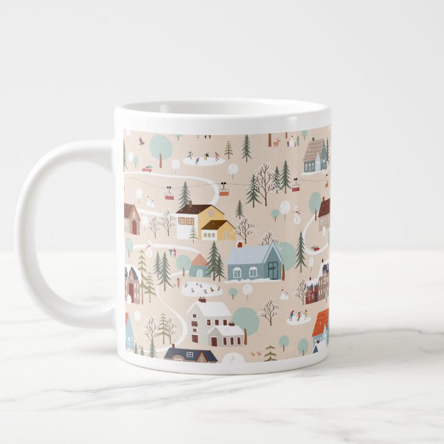 Taza De Café Gigante Acogedor patrón de escena de aldea de invierno (Izquierda)