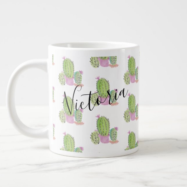 Taza De Café Gigante Acuarela Cactus Nombre Patrón Gigante Café Mug (Izquierda)