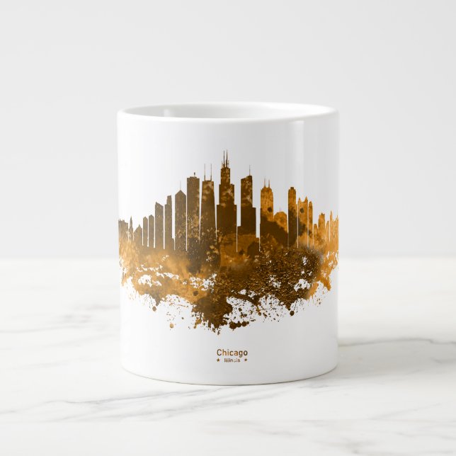 Taza De Café Gigante Acuarela del Skyline de Chicago en naranja (Frente)