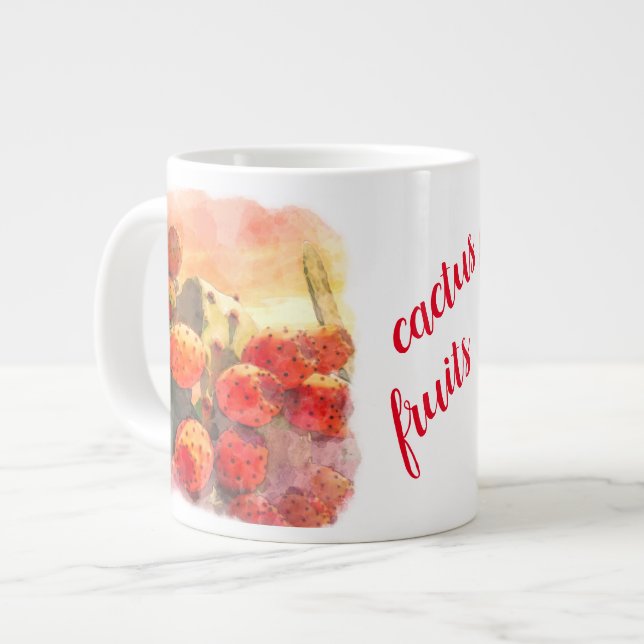 Taza De Café Gigante Acuarela Pear Pear Cactus Frutos Cielo Rojo (Izquierda)