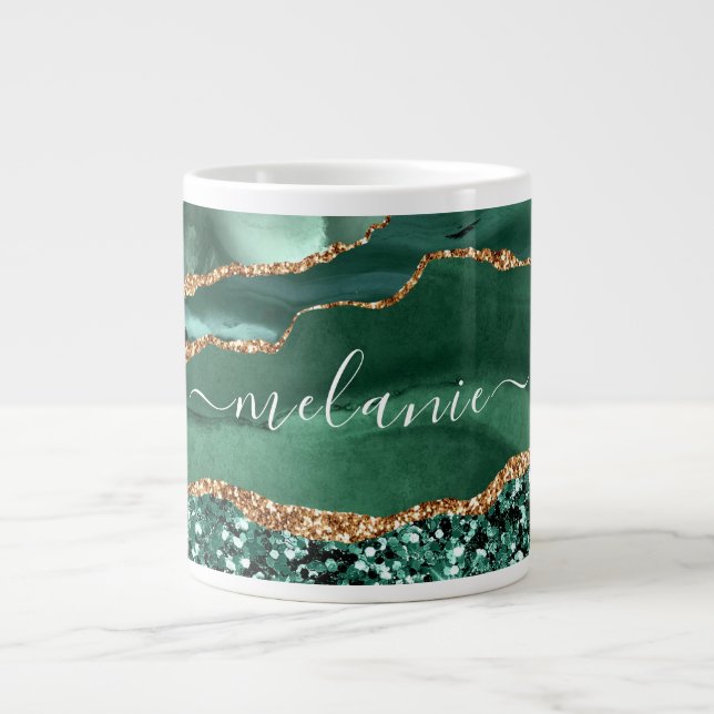 Taza De Café Gigante Agate Green Gold Purpurina Geode Marble Mug Nombre (Frente)