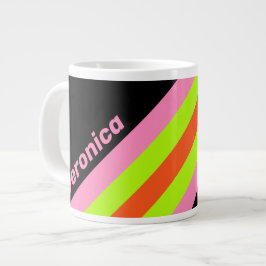 Taza De Café Gigante Alta Visibilidad y Rayas Rosadas con Nombre