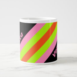 Taza De Café Gigante Alta Visibilidad y Rayas Rosadas con Nombre