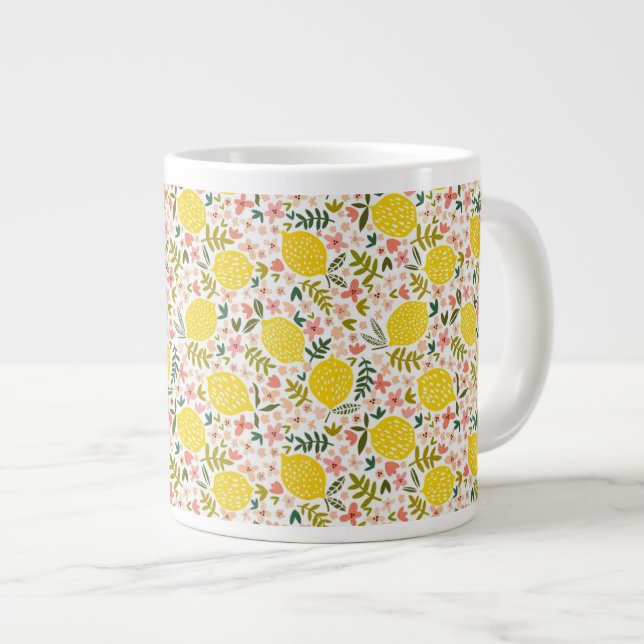 Taza De Café Gigante Amarillo lindo Lemones Floral rosa moderno (Derecha)