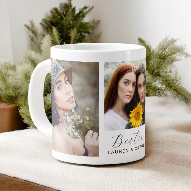Taza De Café Gigante Amistad de plantilla de 3 fotos de Besties (Personalize with 3 selected photos and your names for a thoughtful gift for your Bestie!)