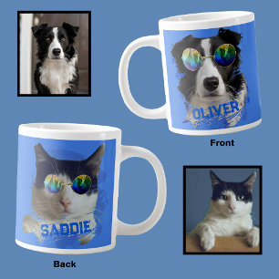 Taza De Café Gigante Añadir gafas de sol Perro Gato Amante Foto Azul Ún