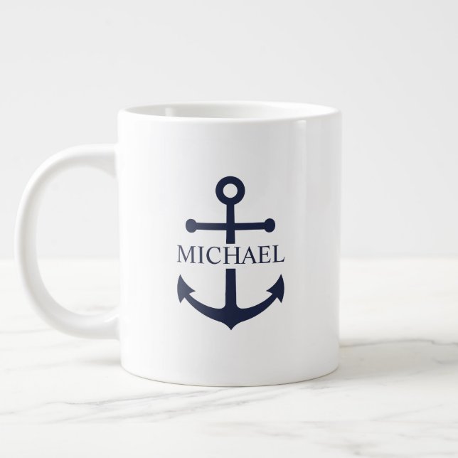 Taza De Café Gigante Ancla Azul Marino Personalizada Nombre (Izquierda)