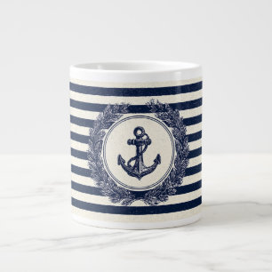 Taza De Café Gigante Ancla náutica y corona de laurel en franjas de la