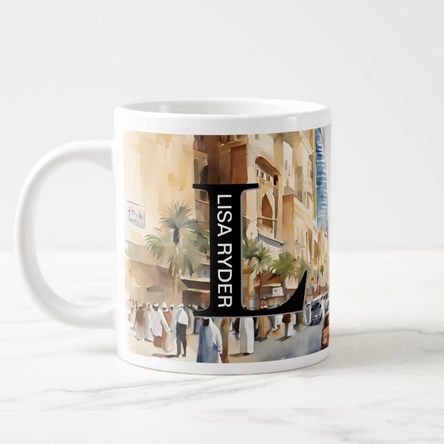 Taza De Café Gigante Animada Vista de la calle Riyadh - Monograma (Izquierda)
