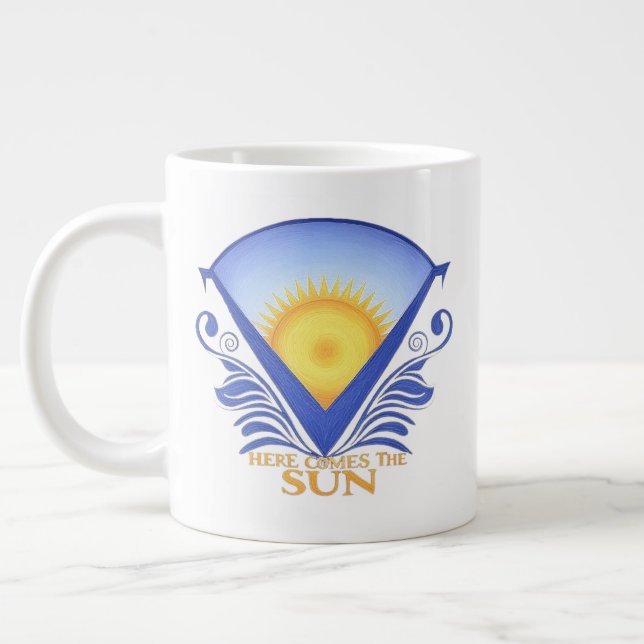 Taza De Café Gigante Aquí viene el sol - Vibrante gráfico del amanecer (Izquierda)