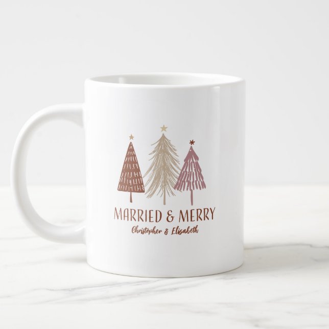 Taza De Café Gigante Árboles de Navidad de Casados Felices Primeras Nav (Izquierda)