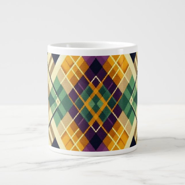 Taza De Café Gigante Argyle Mardi Gras verde púrpura amarillo (Frente)