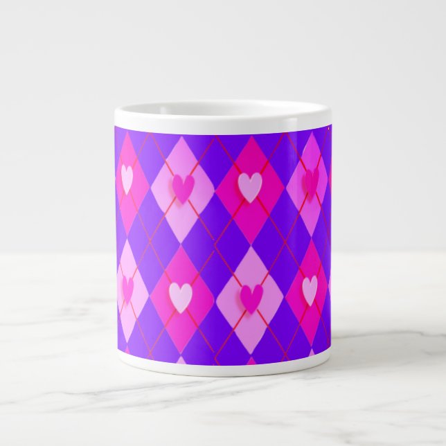 Taza De Café Gigante Argyle Pink Diamonds Hearts Pattern Leggings (Frente)