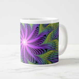 Taza De Café Gigante Arte abstracto fractal moderno de flor verde púrpu
