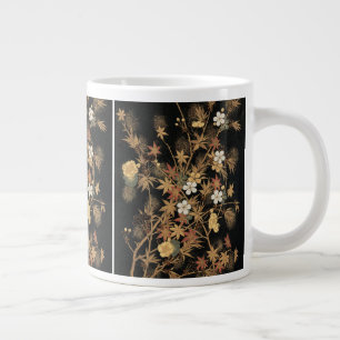 Taza De Café Gigante Arte Floral de Otoño Vintage Japonés Negro Dorado