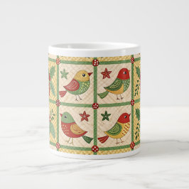 Taza De Café Gigante Arte Popular Navideño Vintage Pájaros y Bayas de A