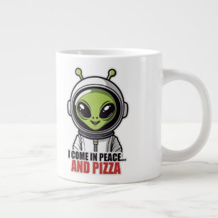 Taza De Café Gigante Astronauta Alien Adorable "Vengo en Paz y Pizza" 