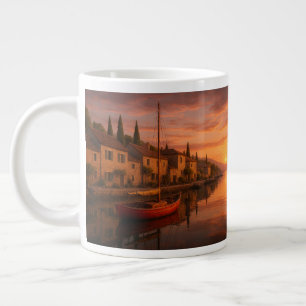 Taza De Café Gigante Atardecer dorado sobre pueblo costero