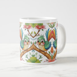 Taza De Café Gigante Aves Alegres Entre Flores