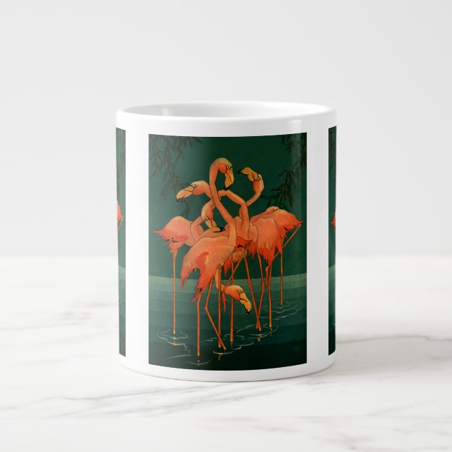 Taza De Café Gigante Aves animales salvajes de época, flamencos rosados (Frente)