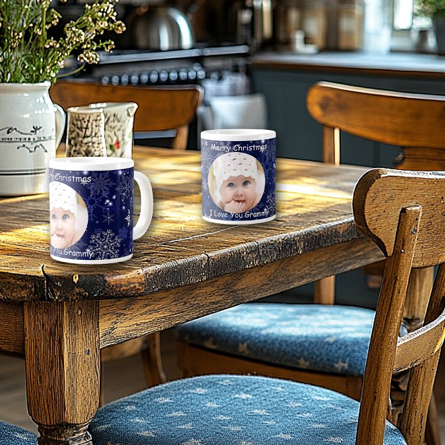 Taza De Café Gigante Azul bonito, Feliz Navidad, copos de nieve, foto (Subido por el creador)