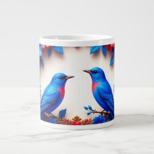 Taza De Café Gigante Azules Vibrantes Pájaros Descansando Entre Flores 