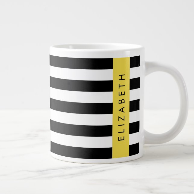 Taza De Café Gigante Bandas en blanco y negro, rayas, líneas, nombre (Derecha)