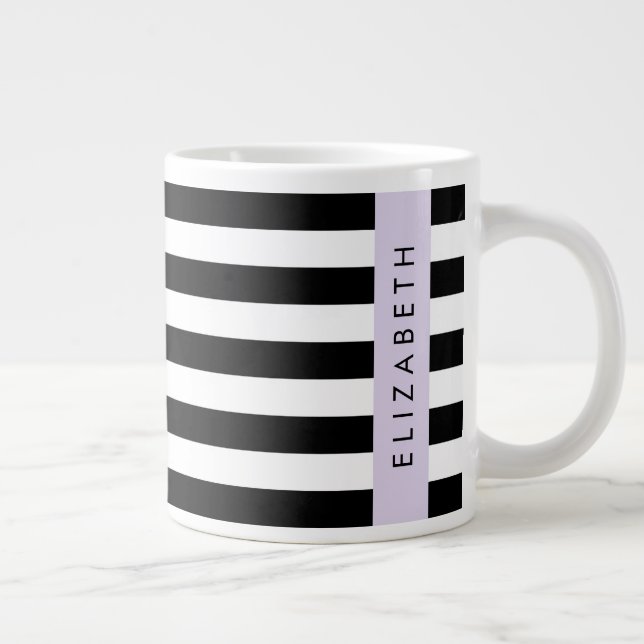 Taza De Café Gigante Bandas en blanco y negro, rayas, líneas, nombre (Derecha)