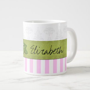 Taza De Café Gigante Bandas rosadas, bandas, patrón rayado, nombre