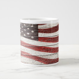 Taza De Café Gigante Bandera Americana Pintada sobre Textura de Madera 