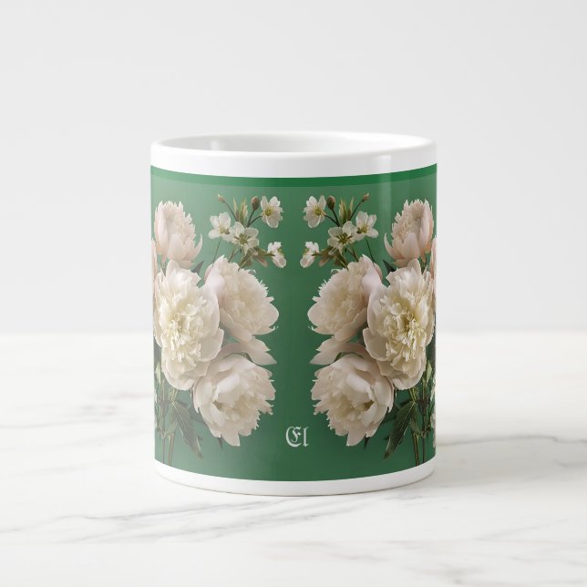 Taza De Café Gigante Beautiful White & Pink Peonies Name Monogram (Frente)