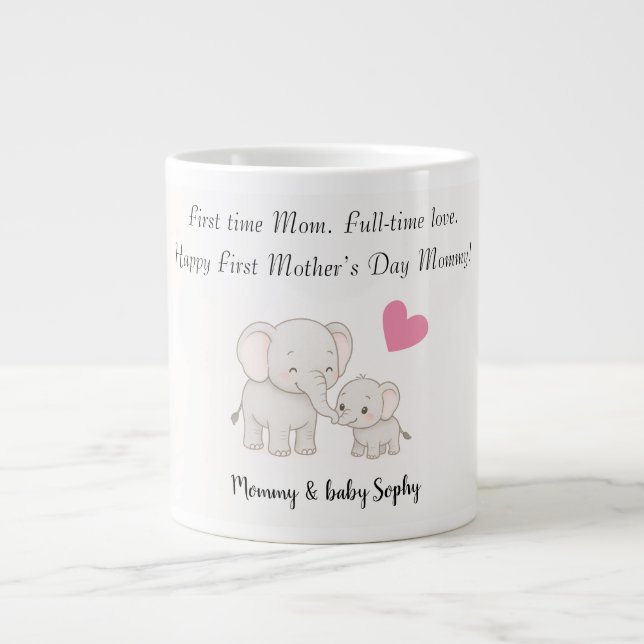 Taza De Café Gigante Bebé personalizado y madre elefante con corazón - (Frente)