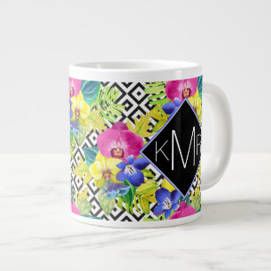 Taza De Café Gigante Begonia de la orquídea y monograma de las hojas d
