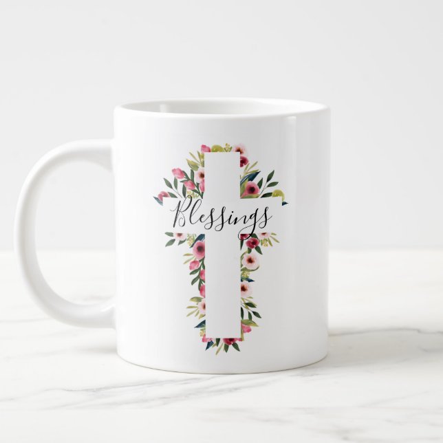 Taza De Café Gigante Bendición Floral acuarela Cruz religiosa (Izquierda)