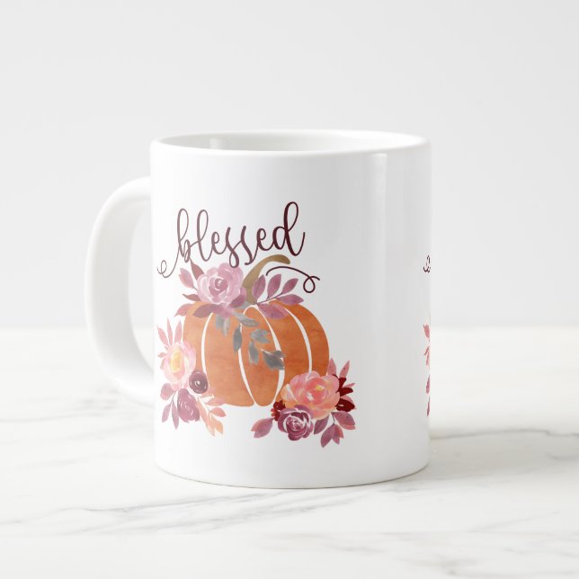 Taza De Café Gigante Bendita - Calabaza de otoño con flores rosas (Izquierda)